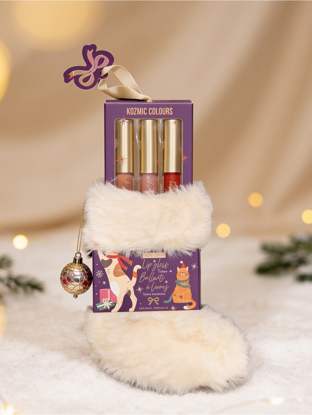 Kozmic Colours Holiday Lipstick Set in fuzzy cream stocking